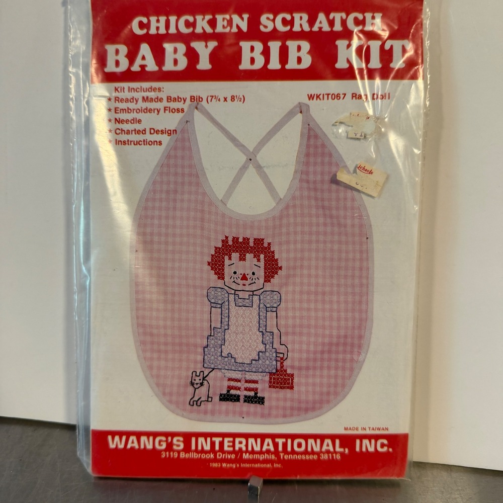 Wang's Chicken Scratch Baby Bib Kit Rag Doll Pink Gingham Embroidery Vintage New